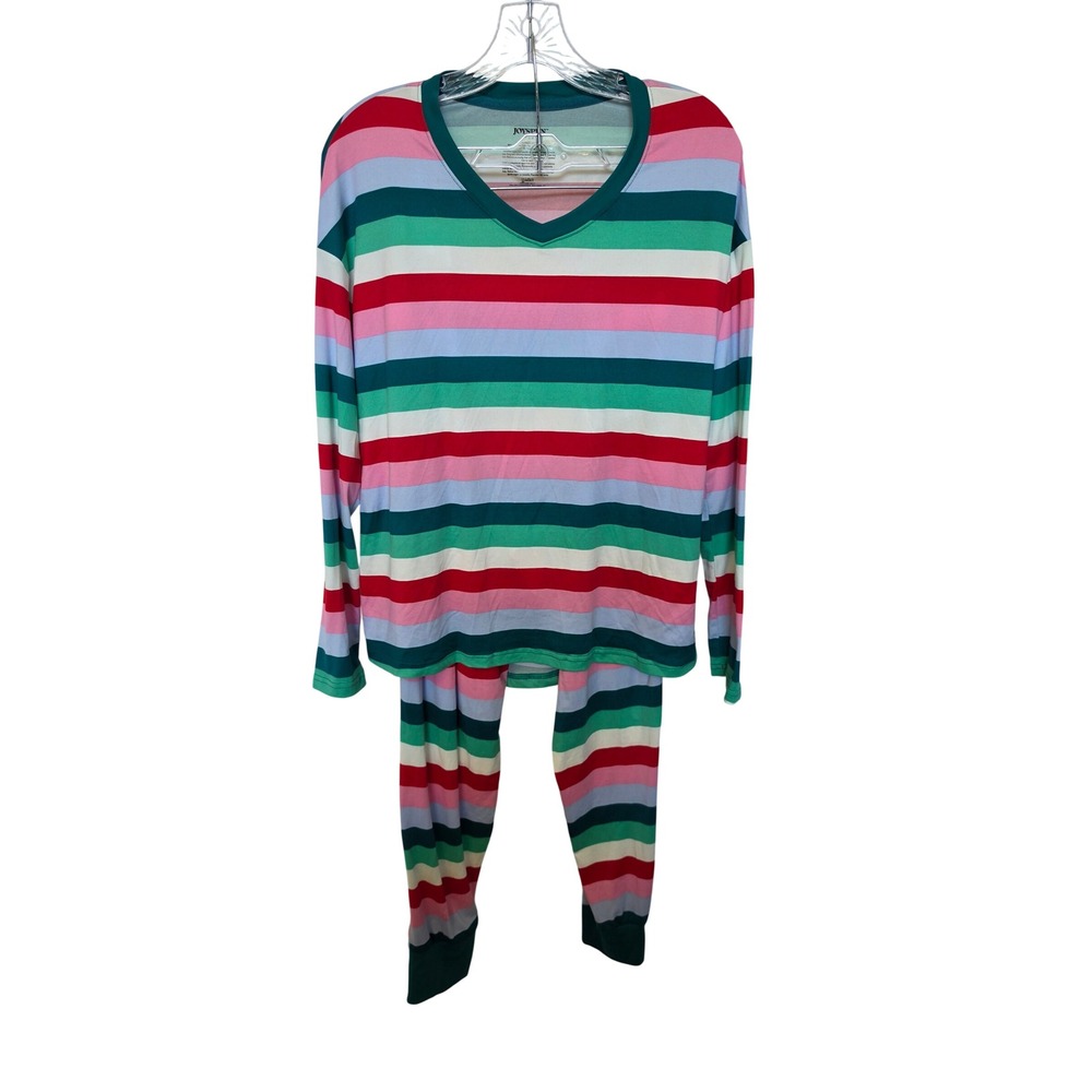 Joyspun Womens Multi Color Christmas Striped Pajama Set V-Neck Long Sleeve SZ S